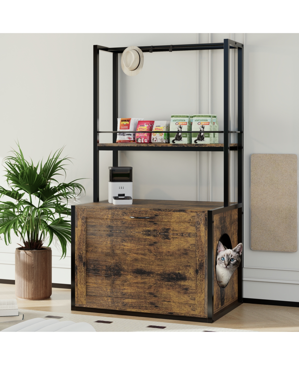 55&#x22; Litter Box Enclosure with Storage & Clothes Rack - Rustic Brown - Rustic brown