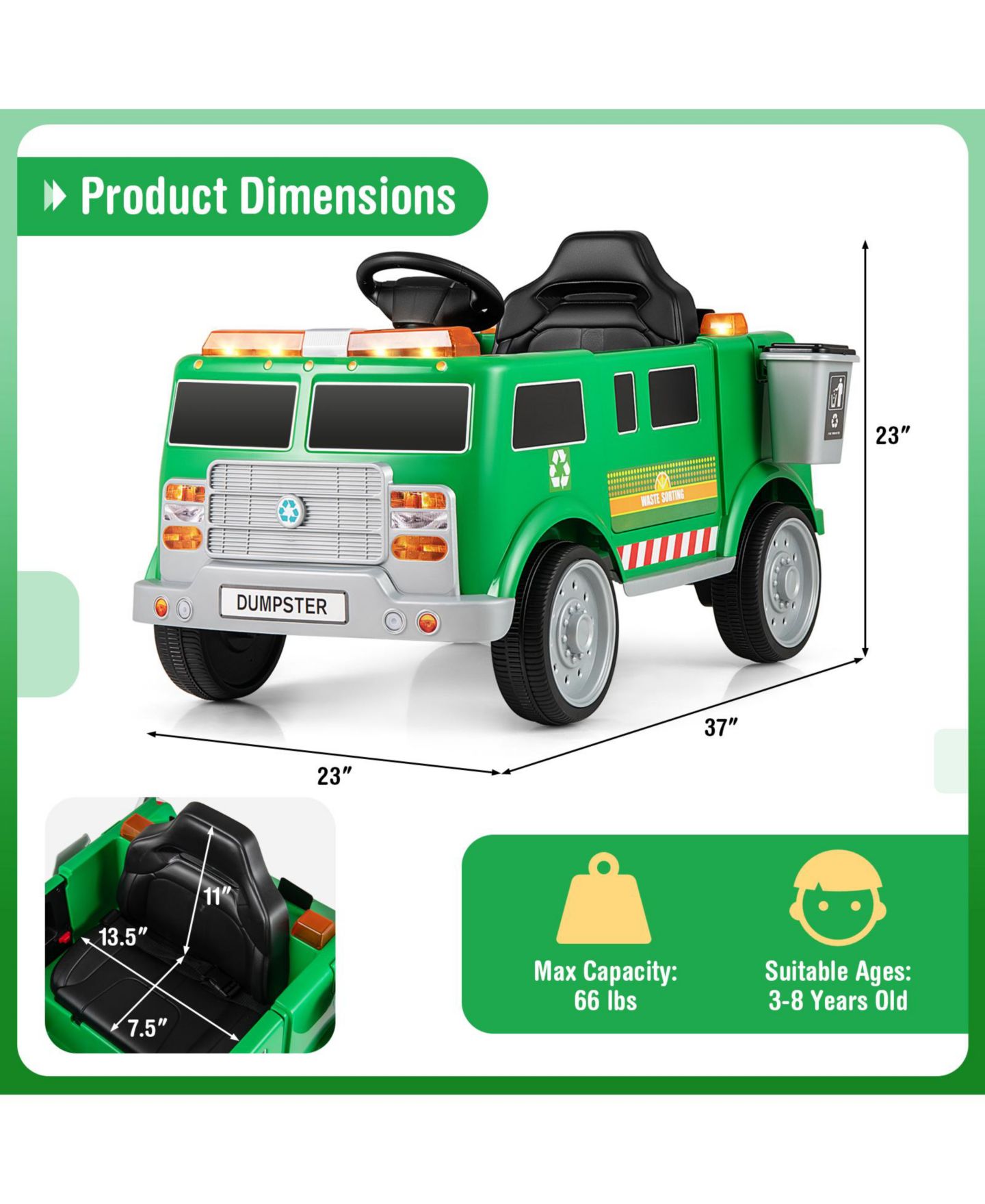 Детская игрушка Gymax Ride on Garbage Truck with Remote Control Trash Bin Shovel Lights Sound Effects, цвет: Зелёный — фото 3