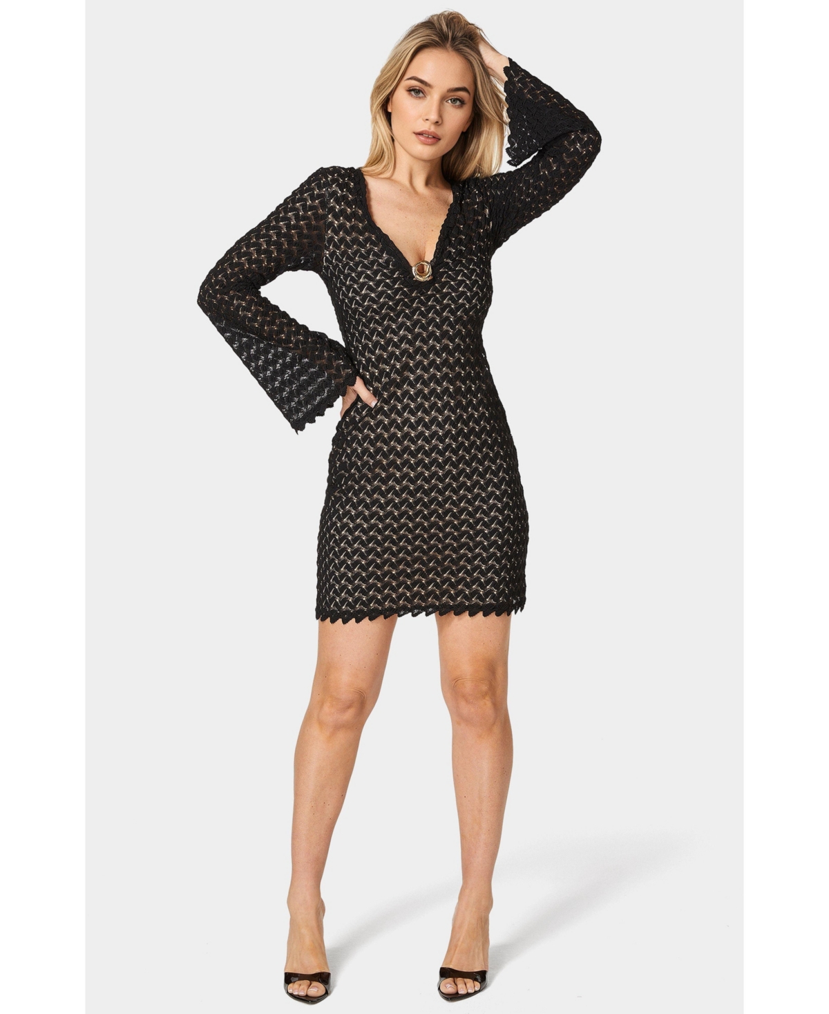 Women's Lace Bell Sleeves Keyhole Mini Dress - Black nude