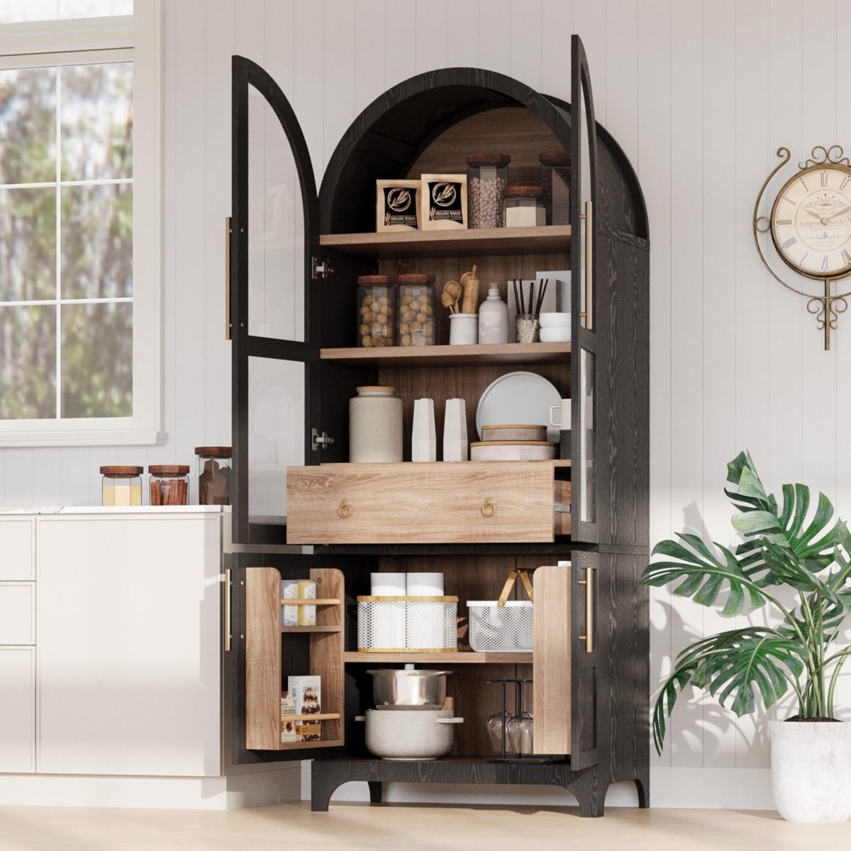 Casainc 71" Arched Kitchen Pantry Cabinet with Door Shelves, Glass Door, Hidden Drawer, Open Adjustable Shelves