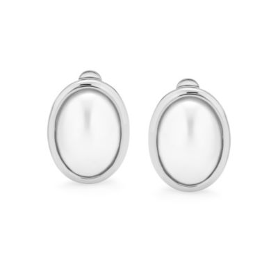 Set of 2 White Pearl Cabochon Oval Clip-On Earrings in Silver Gold Plated Brass