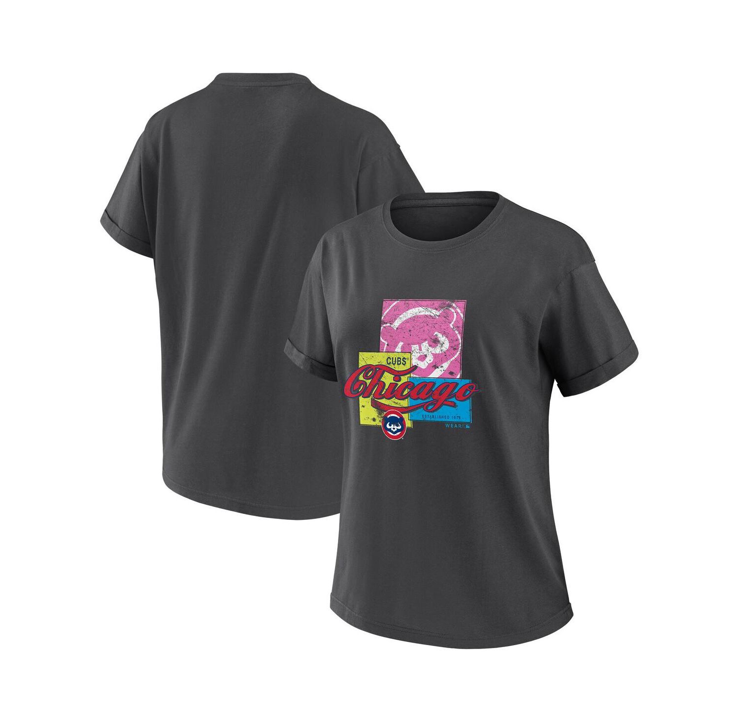 Women's Charcoal Chicago Cubs Domestic Box Color Boyfriend T-Shirt