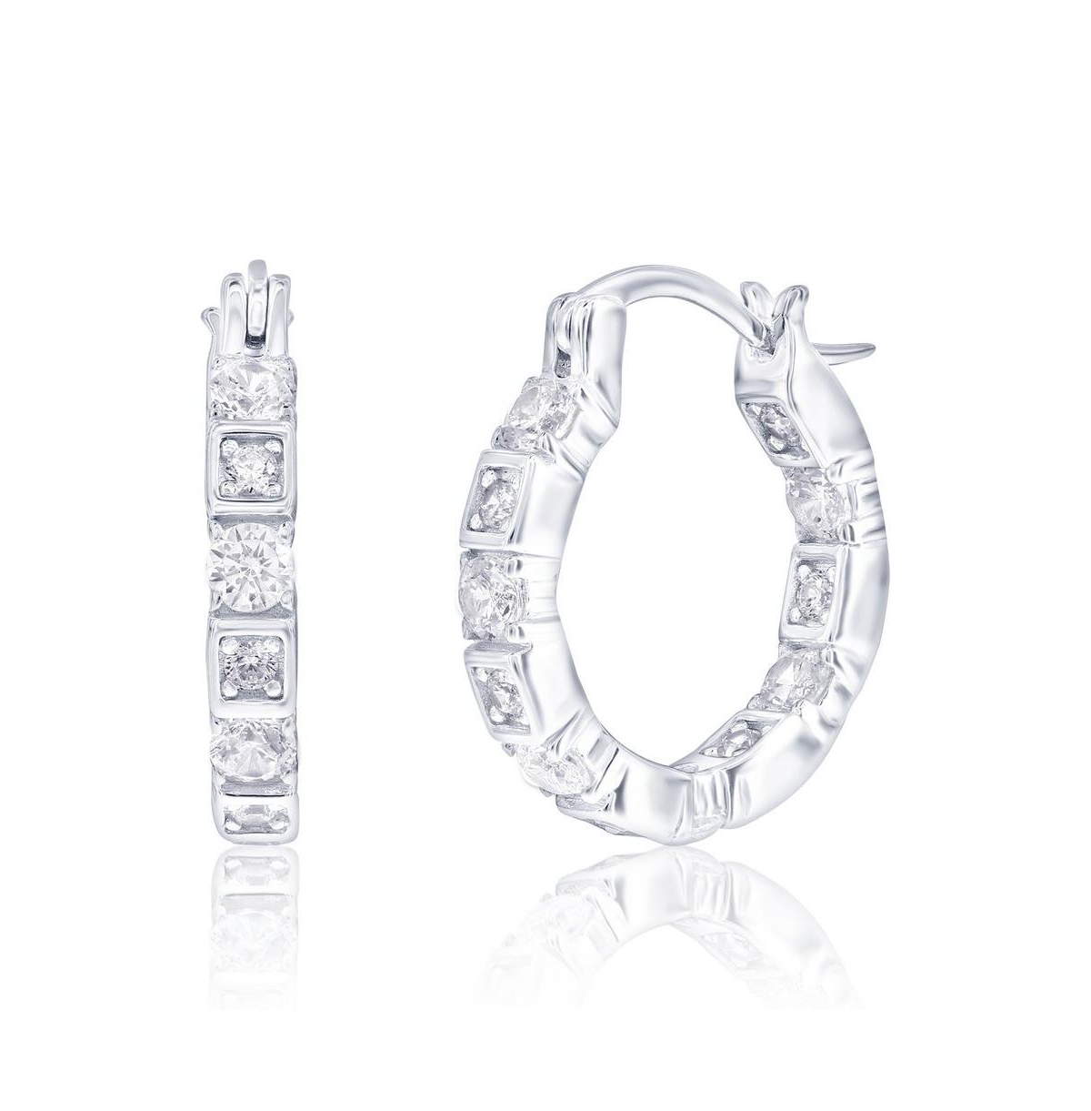 Sterling Silver, Round & Suqare Cz, Hoop Earrings - Silver