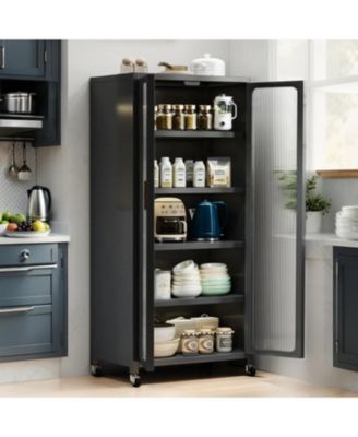 65" Kitchen Pantry Cabinet with Transparent Door & Wheels Gray