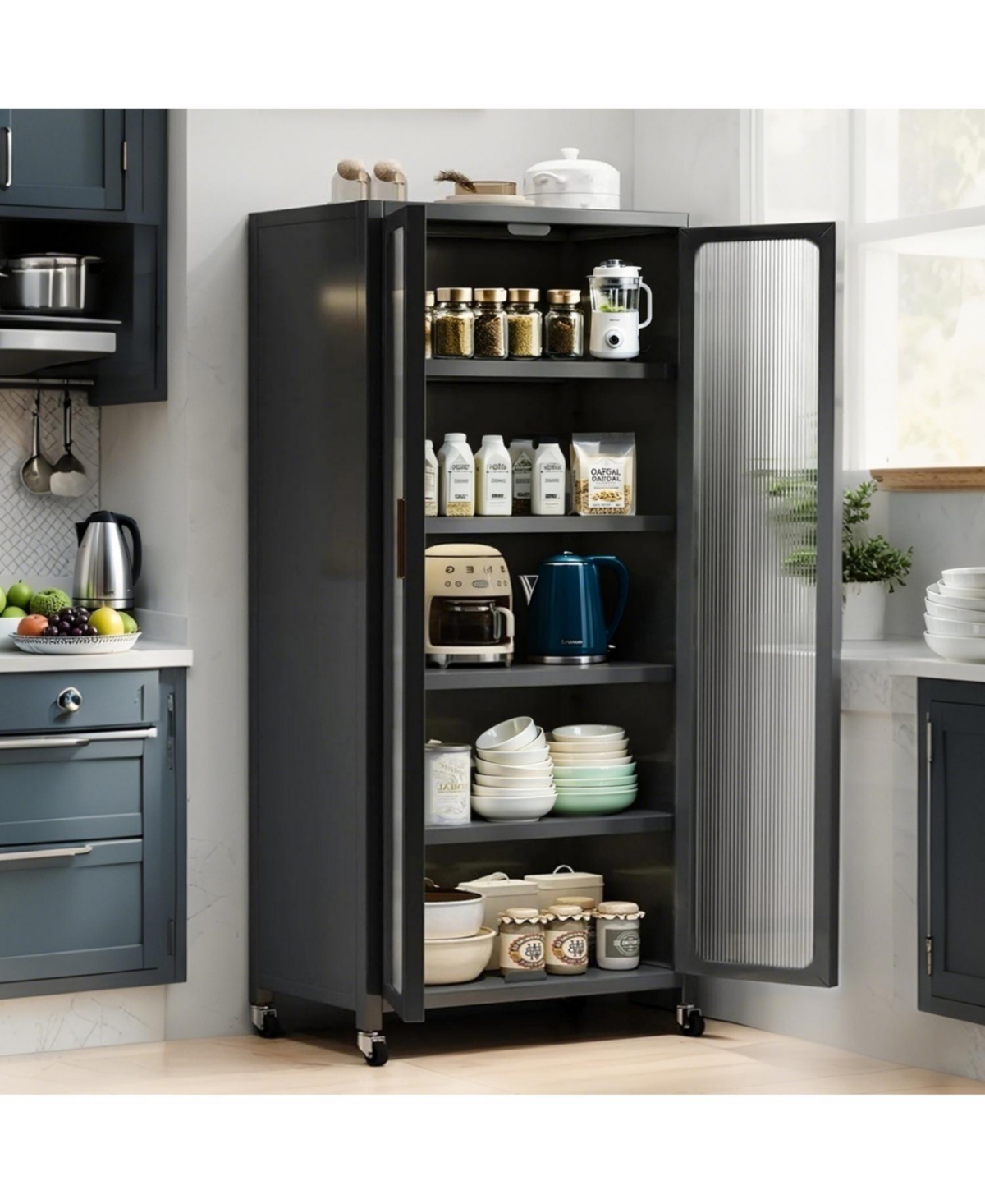 Streamdale Furniture 65" Kitchen Pantry Cabinet with Transparent Door & Wheels Gray