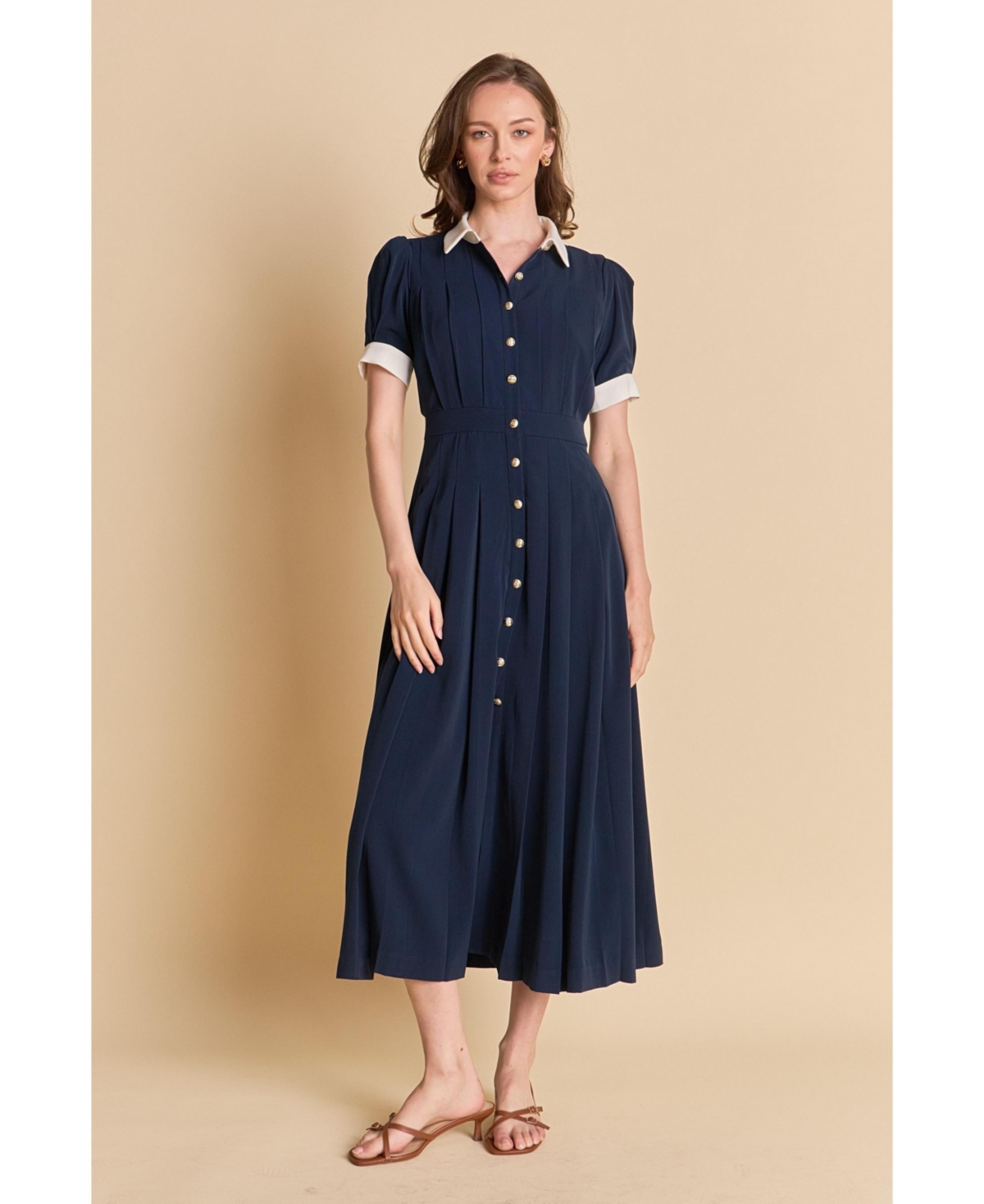 Women's Pleated Shirt Midi Dress - Navy/white