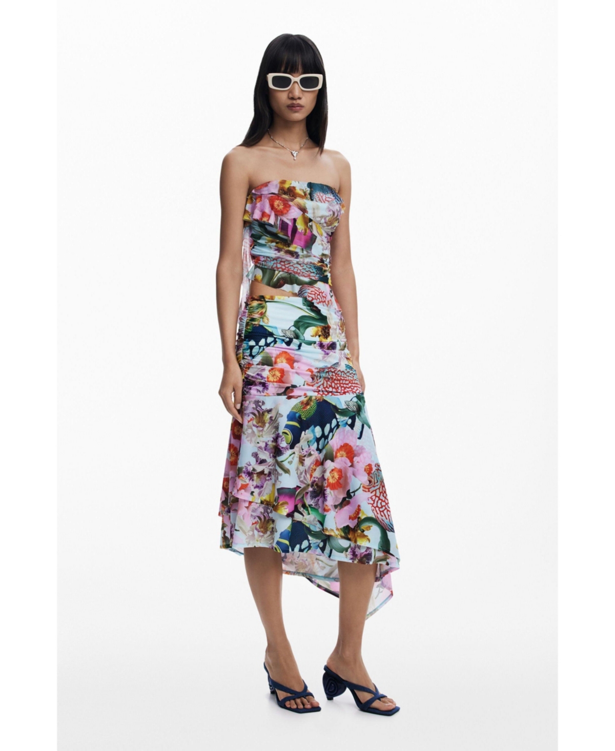 Desigual Print Asymmetric Maxi Skirt In White