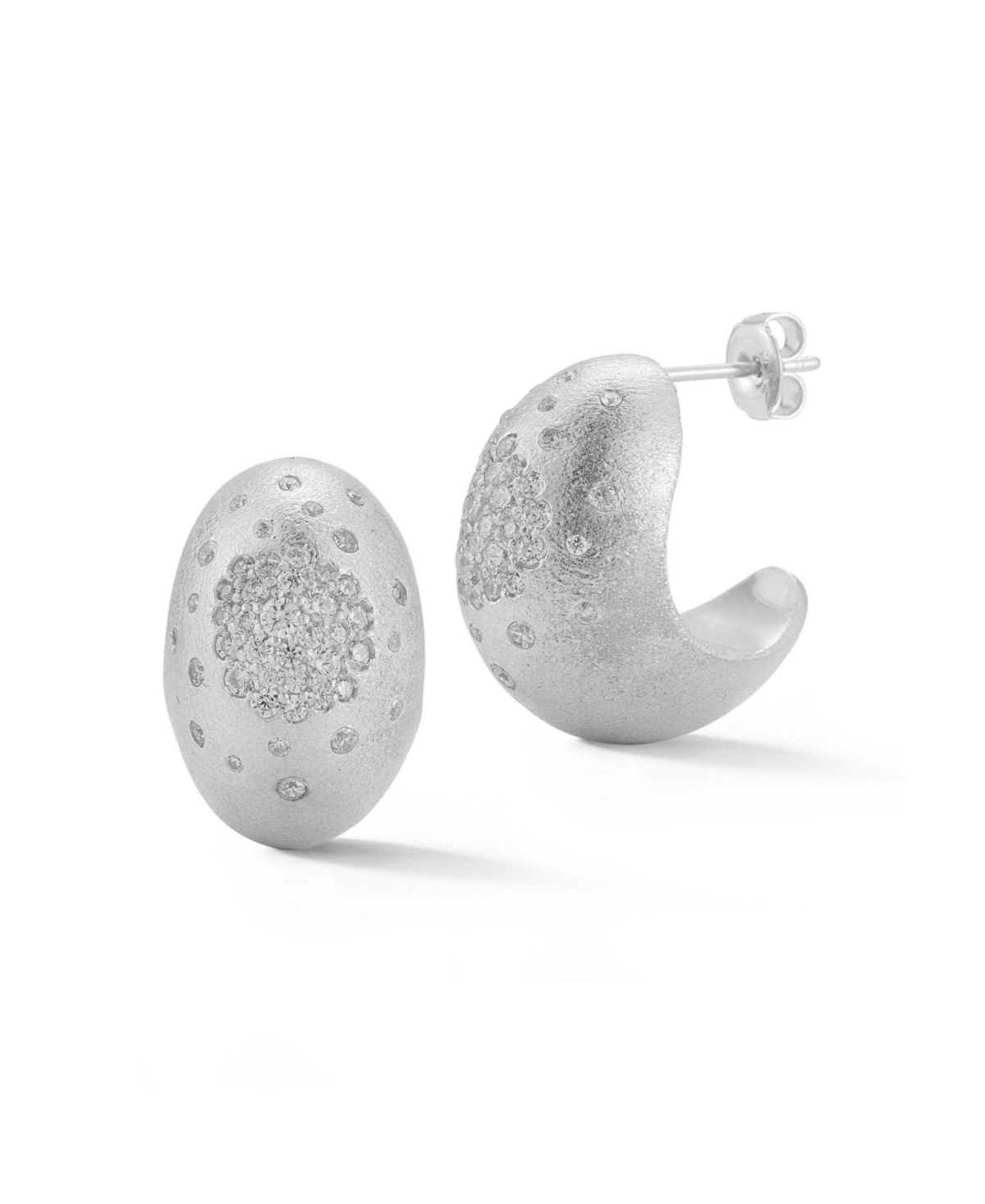 14K Gold Plated Sterling Silver Pave Bombe Satin Hoop Earrings - Silver