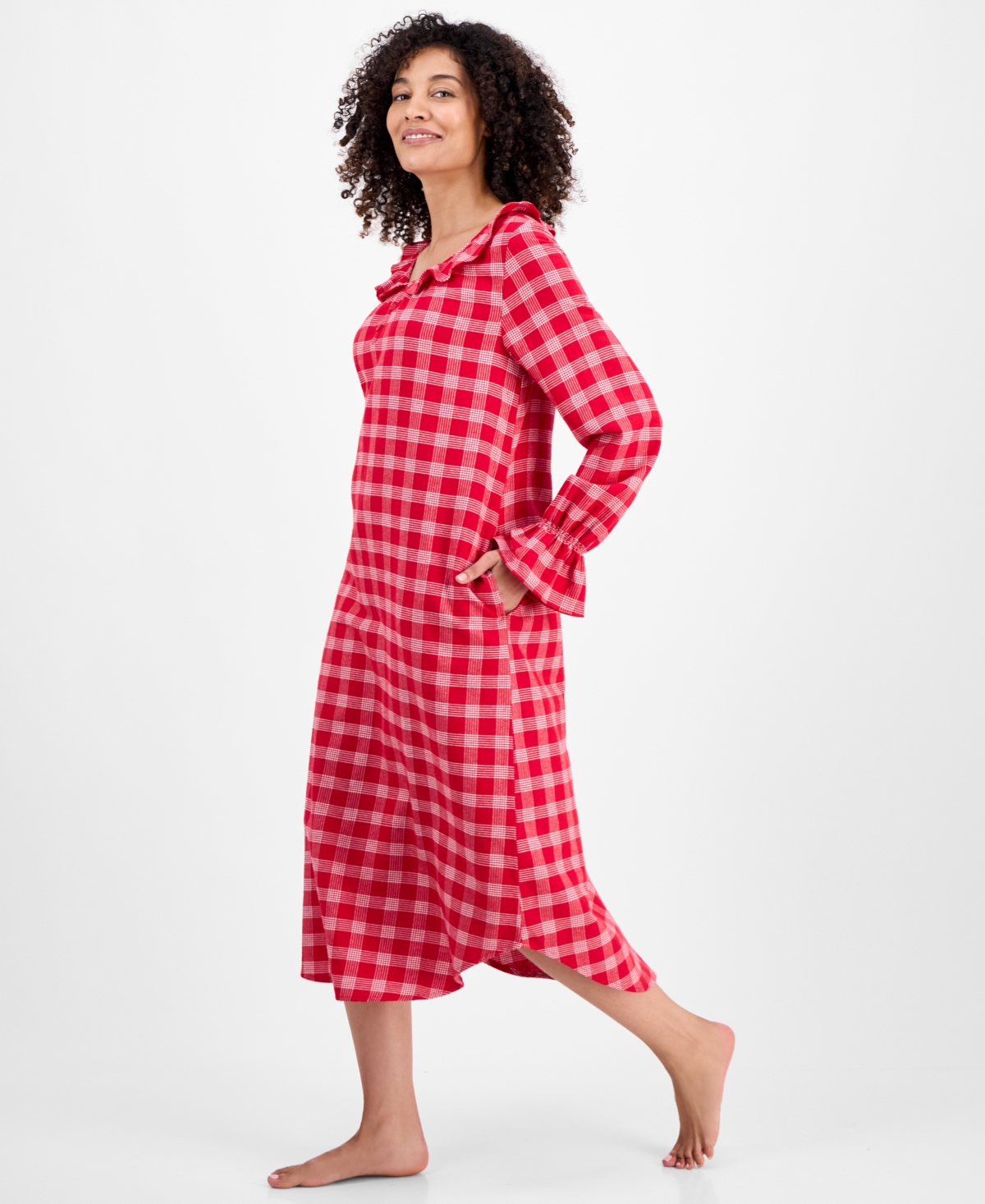 Charter Club Women's Flannel Ruffle-neck Long Sleeve Nightgown In Red