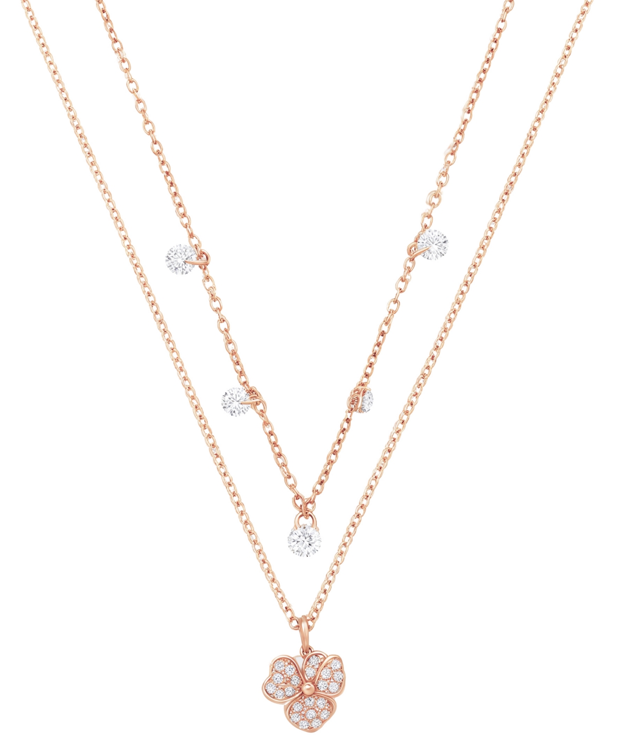 Cubic Zirconia Flower Duo Necklace Set - Gold