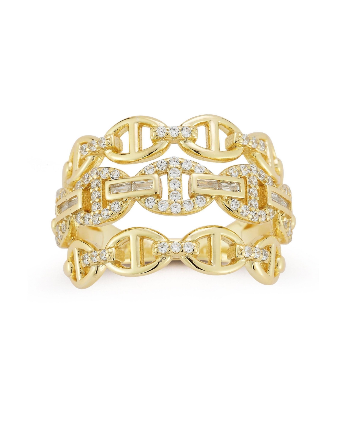 14K Gold Plated Sterling Silver Triple Row Pave Mariner Link Ring - Gold