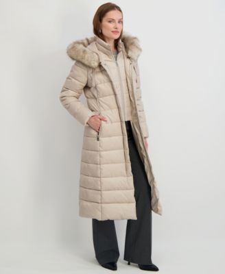Womens Maxi Shine Bibbed Faux-Fur-Trimmed Hooded Puffer Coat