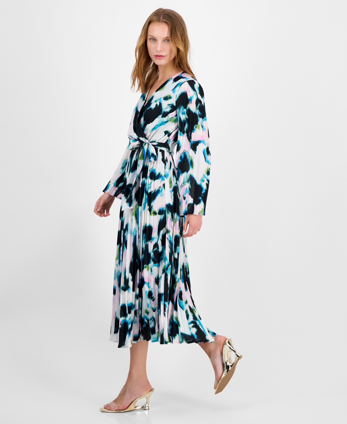Inc International Concepts Petite Printed Pleated Dress, Macy's Exclusive In Blue