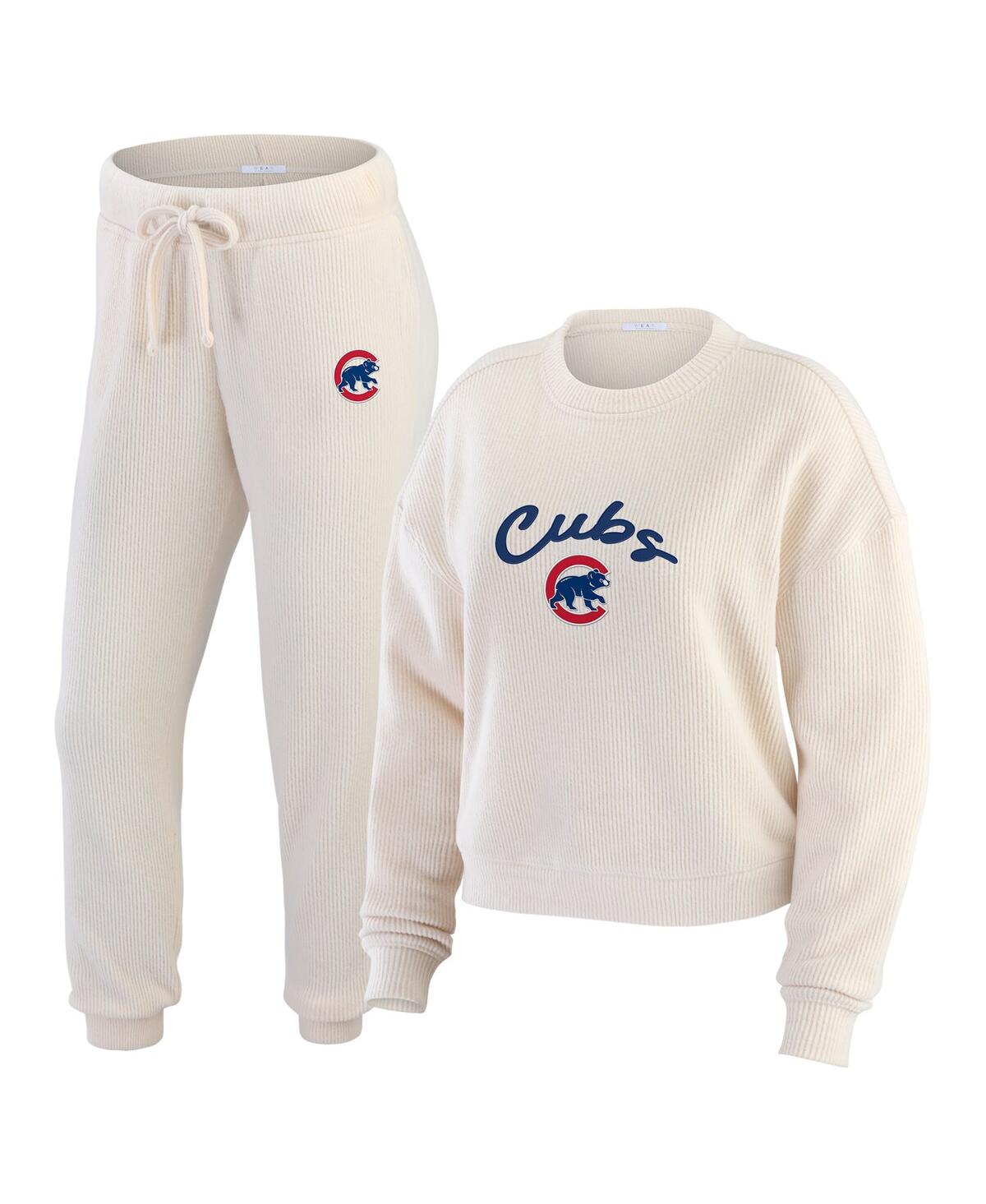 Wear By Erin Andrews Women's 2-piece Oatmeal Chicago Cubs Plus Size Rib-knit Long Sleeve T-shirt And Pants Lounge Set