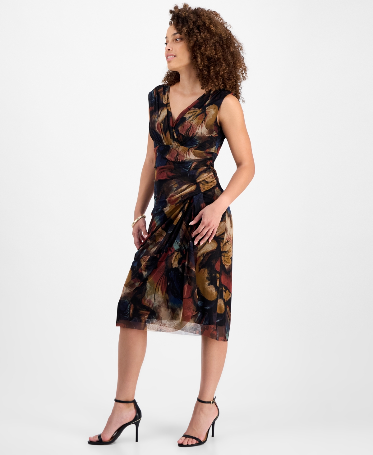 Connected Petite Printed V-neck Sleeveless Dress In Blue