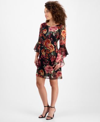 Petite Floral-Print Bell Flare-Sleeve Dress