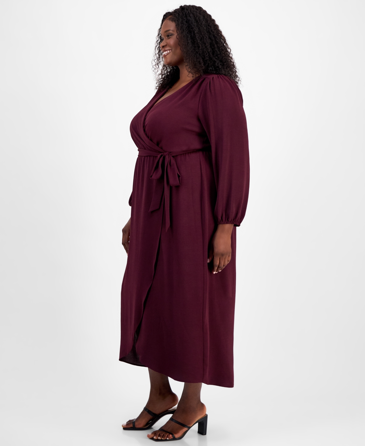 Connected Plus Size Tie-front Wrap Maxi Dress In Burgundy