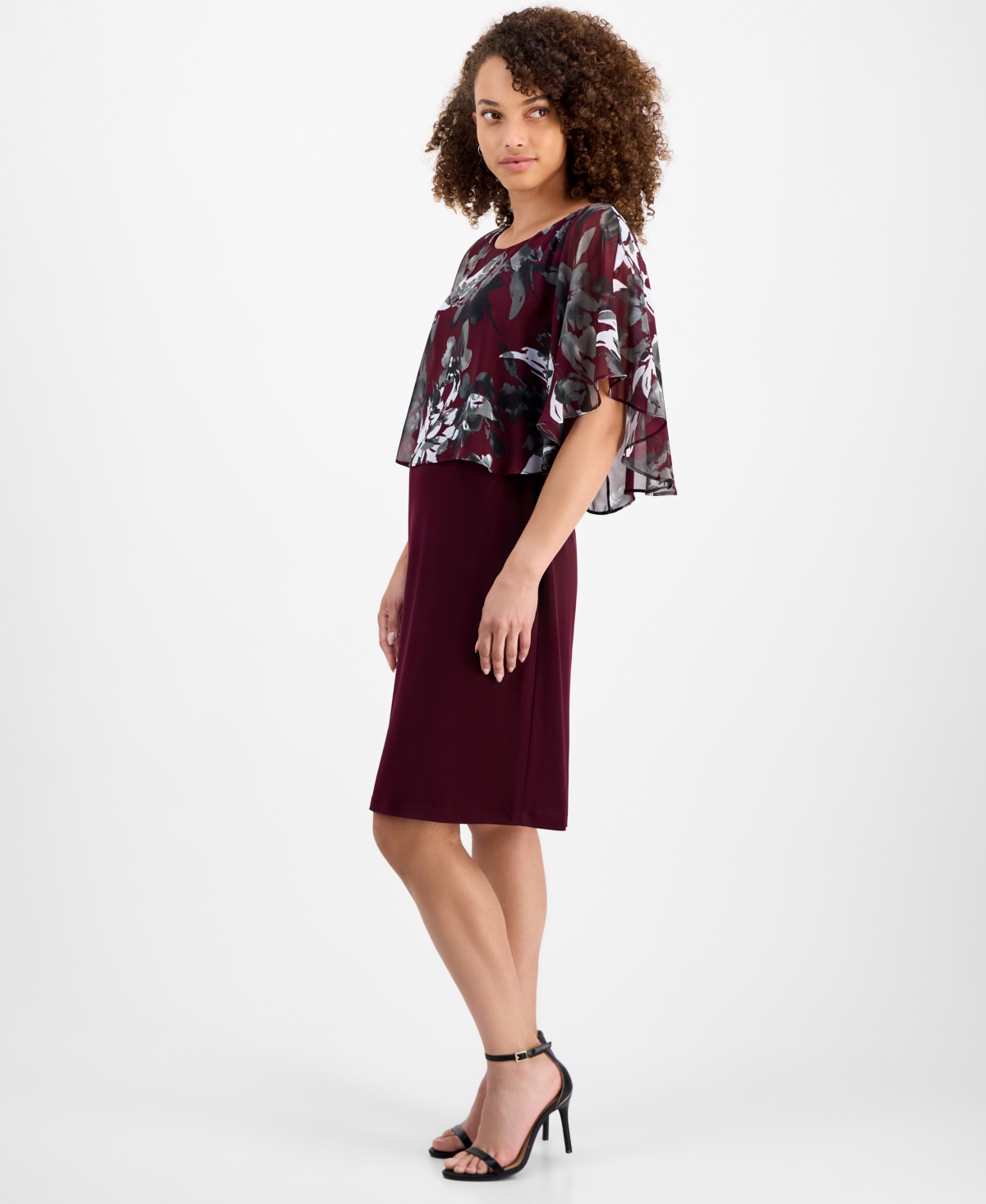 Connected Petite Floral Cape-overlay Sheath Dress In Multi