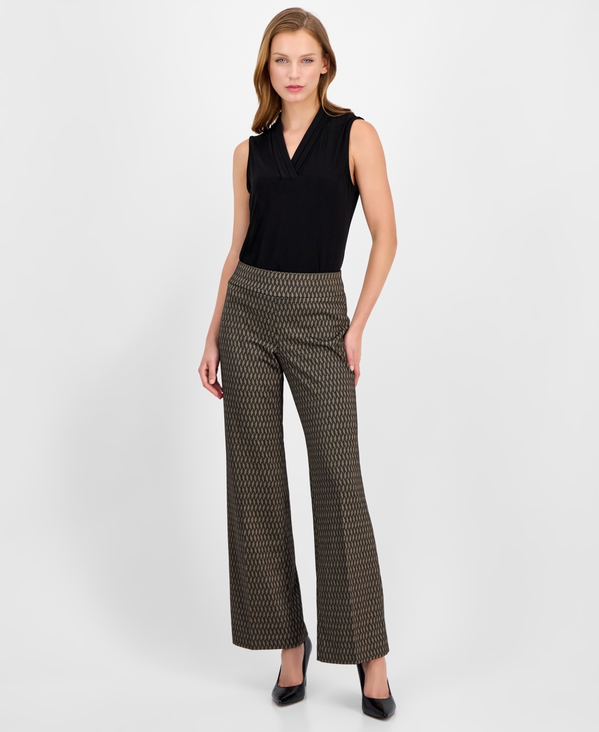 Anne Klein Chevron High Waist Pull-on Wide Leg Pants In Gray