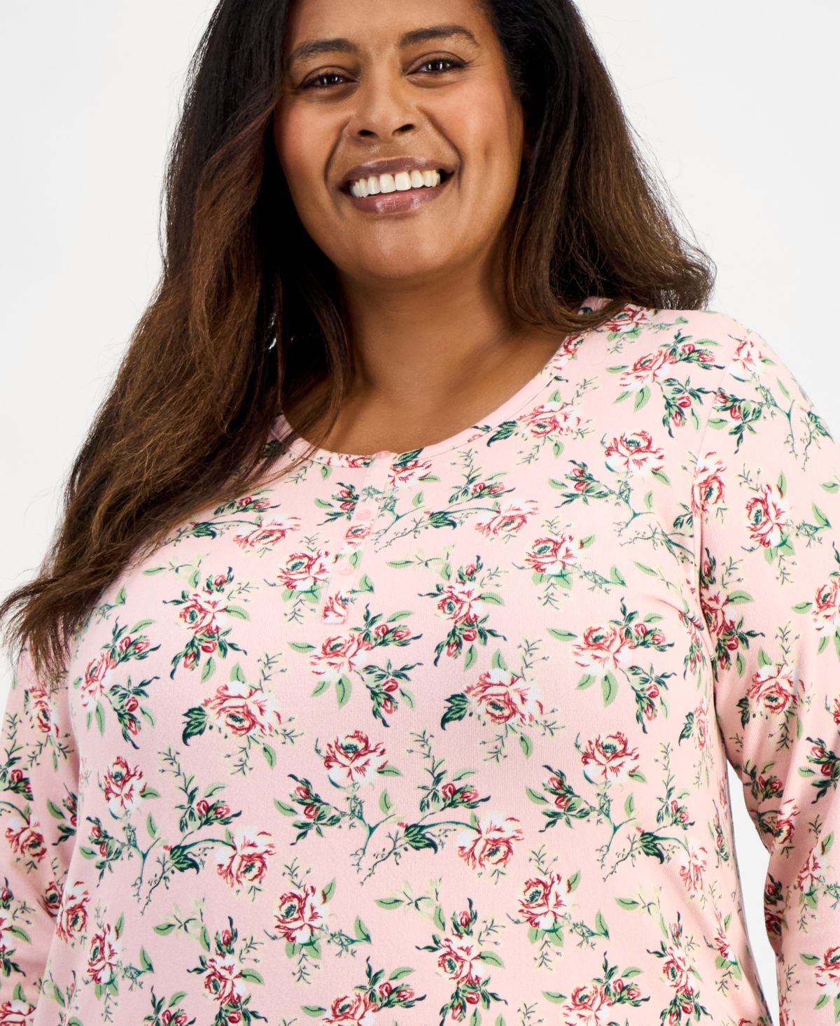 Charter Club Plus Long-Sleeve Henley Knit Pajama Set