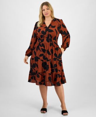 Robbie Bee - Plus Size Printed Tie-Waist Tiered Long-Sleeve Dress