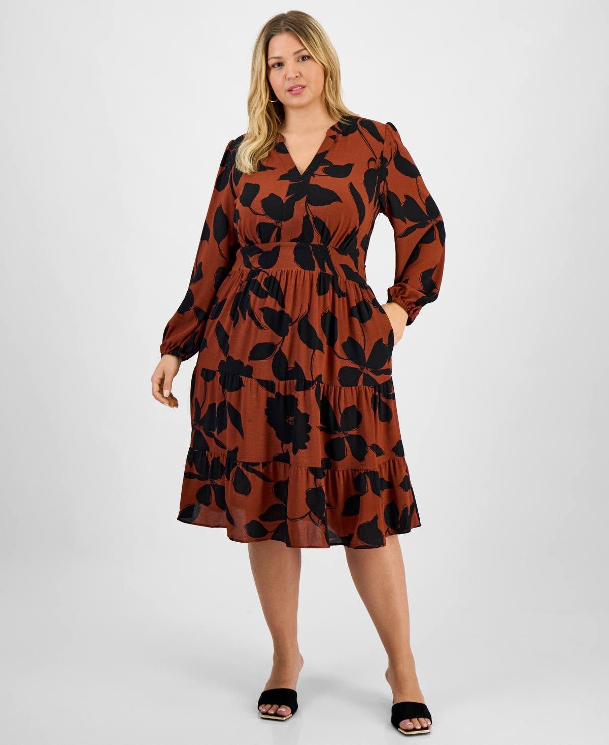 Robbie Bee Plus Size Printed Tie-waist Tiered Long-sleeve Dress In Multi