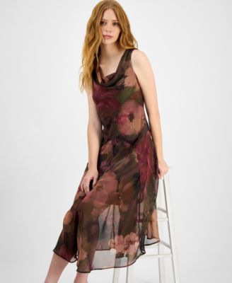 Petite Printed Cowlneck High-Low Midi Dress