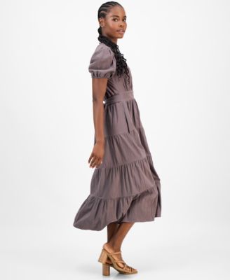 Petite Puff-Sleeve Tiered Midi Dress