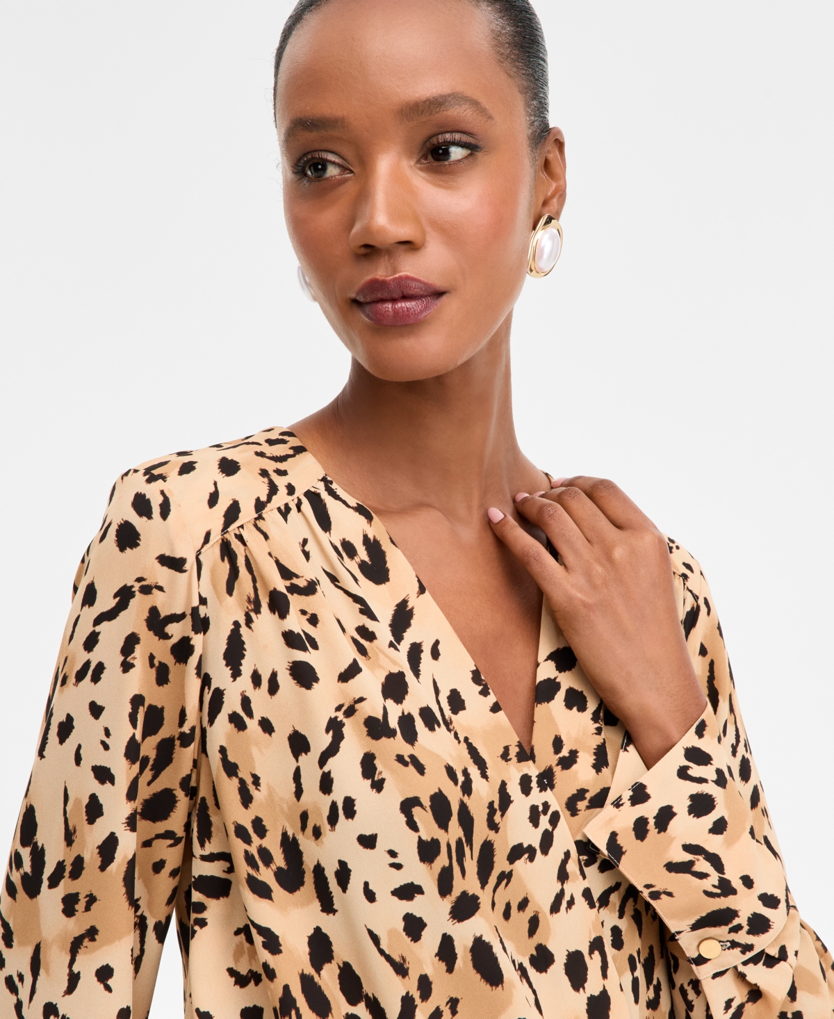 Inc International Concepts Women's Printed Surplice-neck Blouse, Macy's Exclusive In Neutral