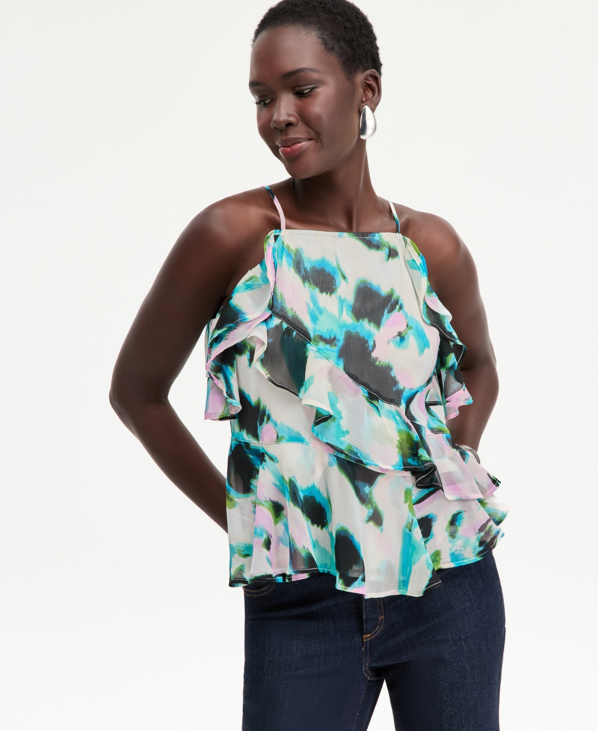 Inc International Concepts Women's Ruffle-trim Apron-neck Tank, Macy's Exclusive In Multi