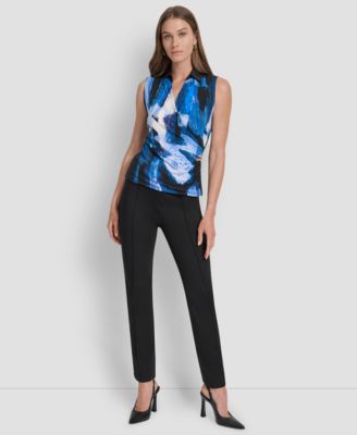 Women's Printed Contrast-Collar Surplice Top