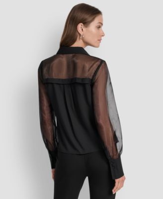 Women's Mixed-Media Organza Long-Sleeve Blouse