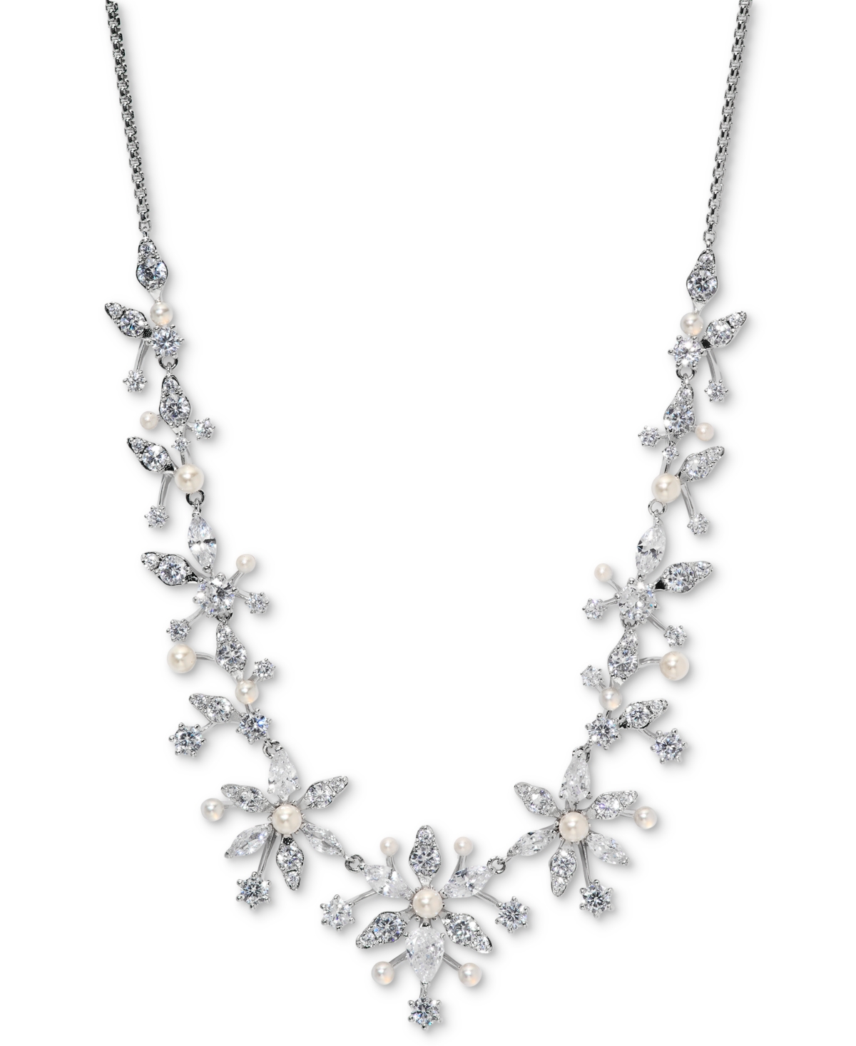 Cubic Zirconia & Imitation Pearl Flower Statement Necklace, 15" + 3" extender, Exclusively at Macy's - Rhodium