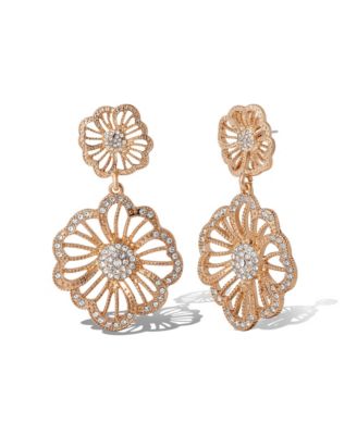 Gold-Tone Floral Drop Earrings with Pave Crystal Accents