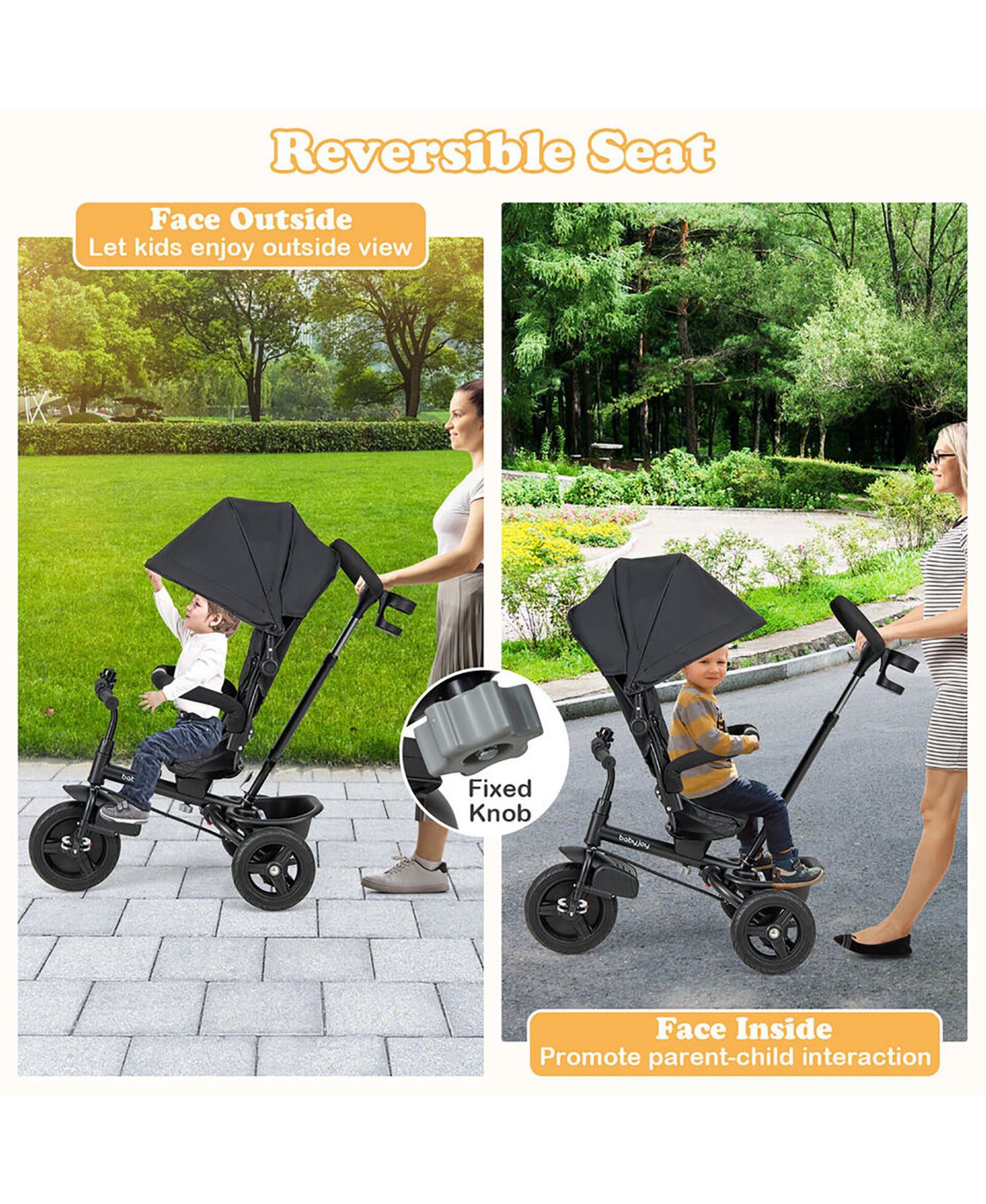 4-in-1 Baby Tricycle Toddler Trike with Reversible Seat Canopy and Push Handle