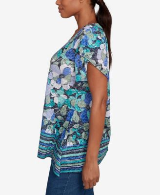 Petite Floral Striped Border Flutter Sleeve Top