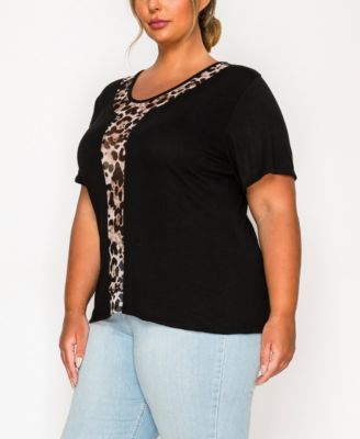 Plus Size Leopard Print Mesh Inset Short Sleeve Top