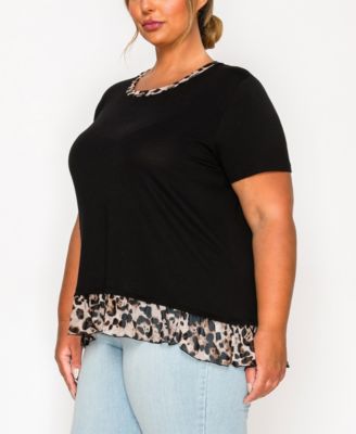 Plus Size Leopard Print Mesh Pleat Back Short Sleeve Top
