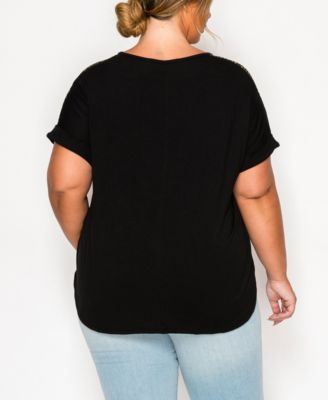 Plus Size Pebble Mesh Pocket Shoulder Rolled Sleeve Top