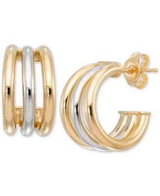 Macy's - Polished Triple Row Extra-Small C Hoop Earrings in 10k White & Yellow Gold, 0.39"