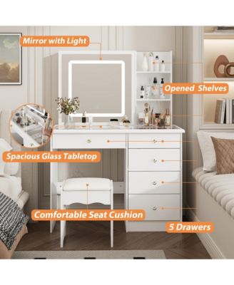 White Wood Makeup Vanity Set Dressing Desk with Glass Top