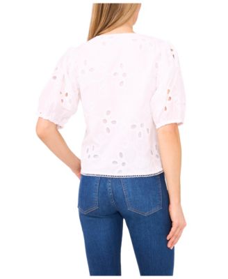 Women's Short Sleeve Open Tie Front Embroidered Top