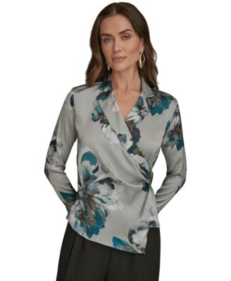 Petites Long-Sleeve Printed Shawl-Collar Blouse