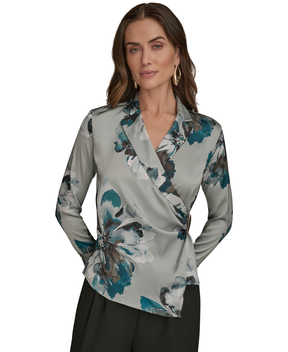 Donna Karan Women's Long-sleeve Printed Shawl-collar Blouse, Regular & Petite In Gray