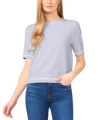 CeCe - Women's Cotton Contrast-Stripe Short-Sleeve Sweater