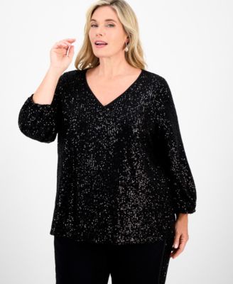 JM Collection - Plus Size Sequinned V-Neck 3/4-Sleeve Top