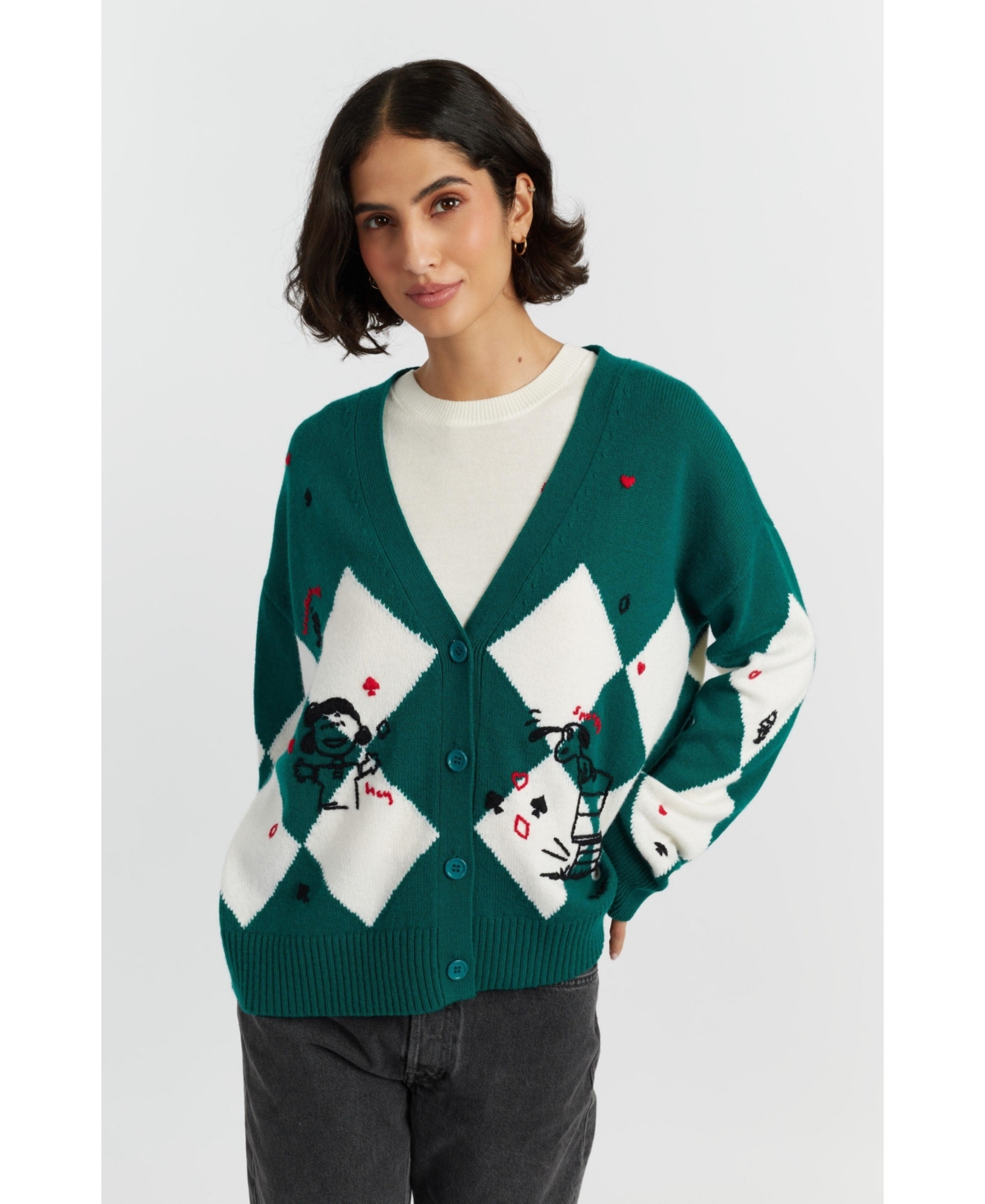 Women's Wool Cashmere Peanuts Poker Cardigan - Cream