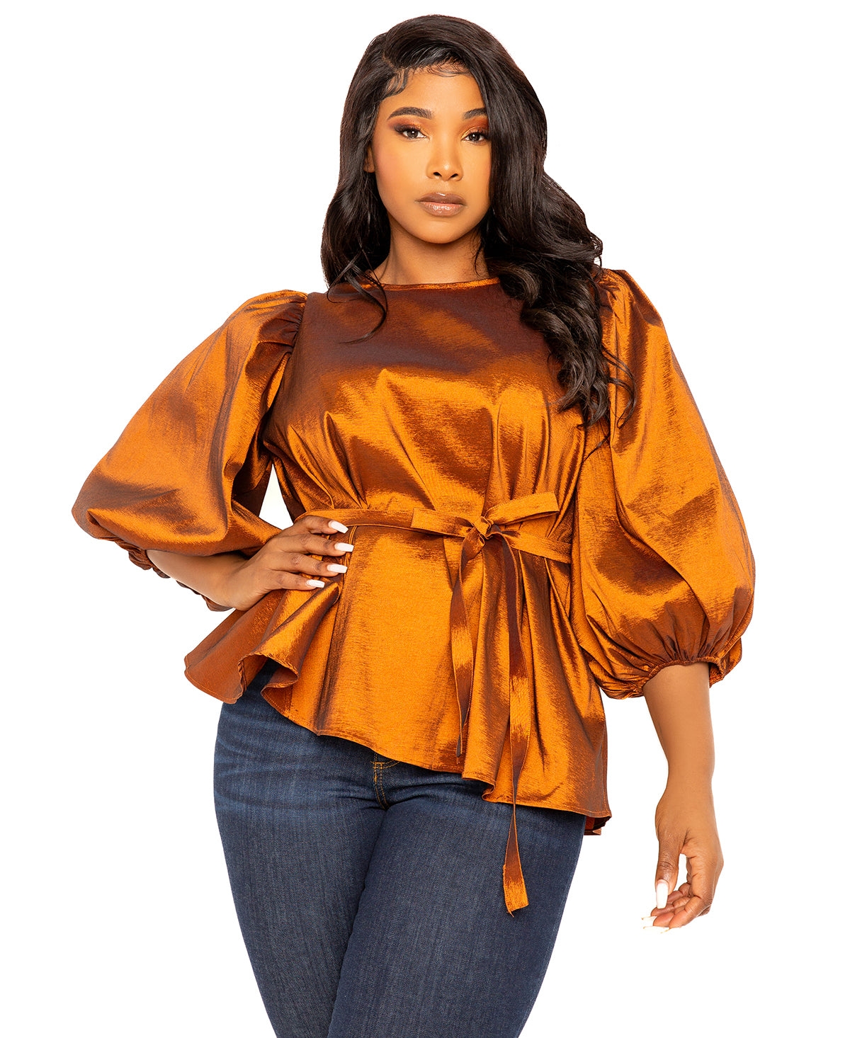 Women's Tie Waist Voluminous Sleeve Blouse - Black