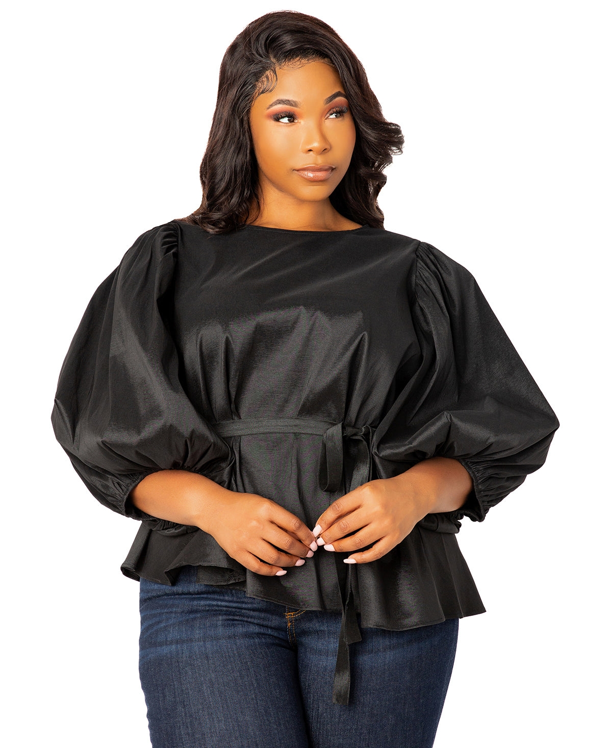 Women's Tie Waist Voluminous Sleeve Blouse - Black