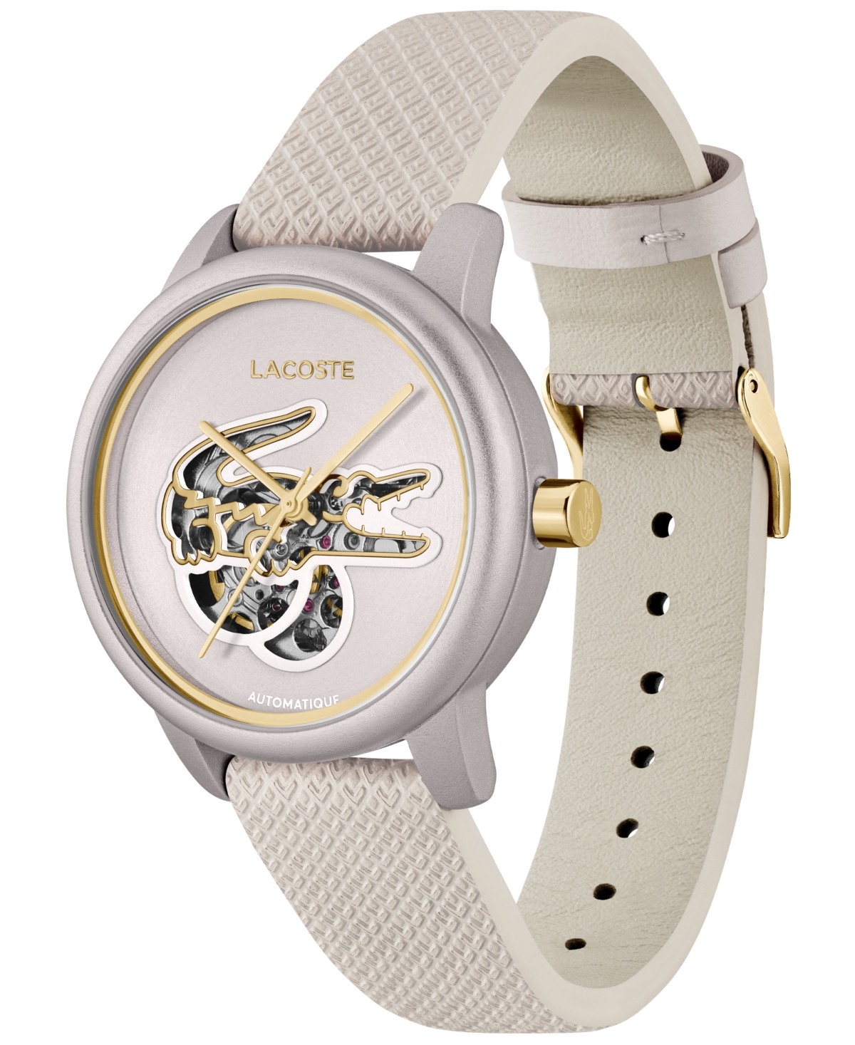 Lacoste 12.12 Automatic Off White Leather Strap Watch, 38mm In White